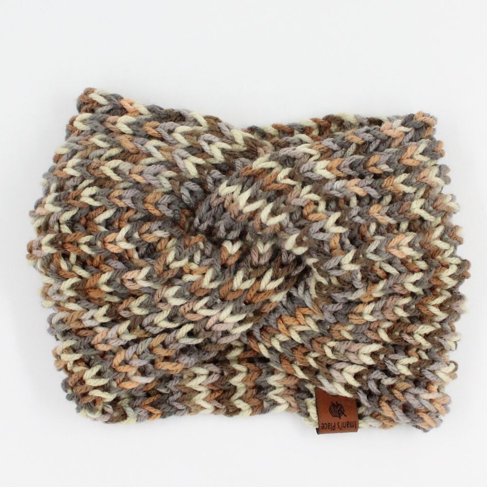 Handmade Hand Knit English Rib Knit Acrylic Brown and Grey Ear Warmer Headband